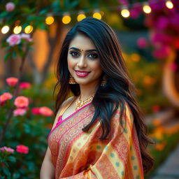 A stunning portrait of a beautiful Indian woman, elegantly draped in traditional fabric, showcasing intricate patterns and vibrant colors