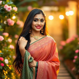 A stunning portrait of a beautiful Indian woman, elegantly draped in traditional fabric, showcasing intricate patterns and vibrant colors