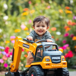 A smiling child joyfully riding on a toy excavator with a striking gold and black color scheme, proudly displaying the word 'PROG'