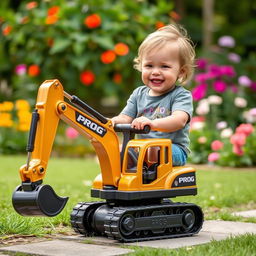 A smiling child joyfully riding on a toy excavator with a striking gold and black color scheme, proudly displaying the word 'PROG'