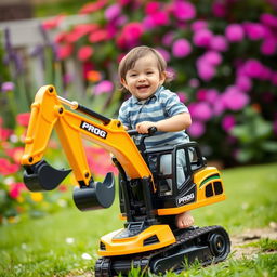 A smiling child joyfully riding on a toy excavator with a striking gold and black color scheme, proudly displaying the word 'PROG'