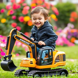 A smiling child joyfully riding on a toy excavator with a striking gold and black color scheme, proudly displaying the word 'PROG'