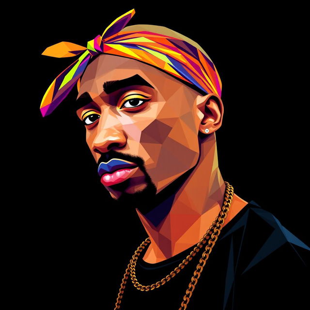 A full-body portrait of a Hip-Hop icon reminiscent of Tupac Shakur, designed in a vibrant polygon art style