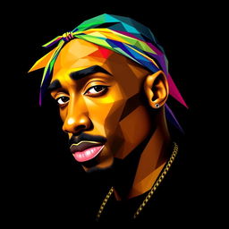 A full-body portrait of a Hip-Hop icon reminiscent of Tupac Shakur, designed in a vibrant polygon art style
