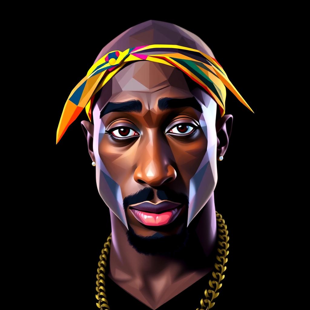 A full-body portrait of a Hip-Hop icon reminiscent of Tupac Shakur, designed in a vibrant polygon art style