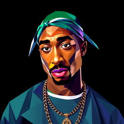 A full-body portrait of a Hip-Hop icon reminiscent of Tupac Shakur, designed in a vibrant polygon art style