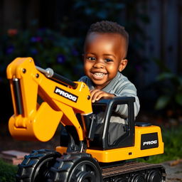 A cheerful African child smiling while riding on a toy excavator with a captivating gold and black color scheme, prominently displaying the word 'PROG'
