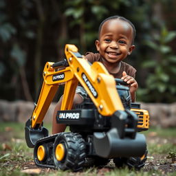 A cheerful African child smiling while riding on a toy excavator with a captivating gold and black color scheme, prominently displaying the word 'PROG'