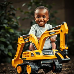 A cheerful African child smiling while riding on a toy excavator with a captivating gold and black color scheme, prominently displaying the word 'PROG'