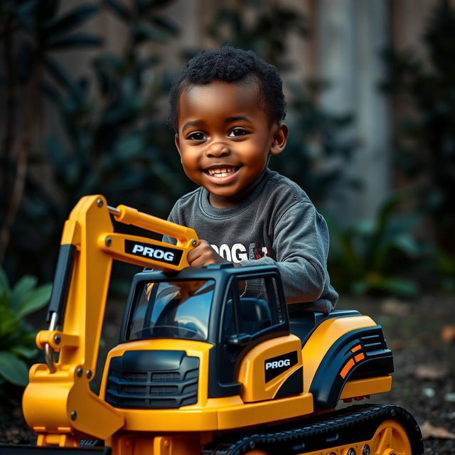 A cheerful African child smiling while riding on a toy excavator with a captivating gold and black color scheme, prominently displaying the word 'PROG'