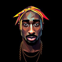 A full-body portrait of a Hip-Hop icon inspired by Tupac Shakur, created in a vivid polygon art style