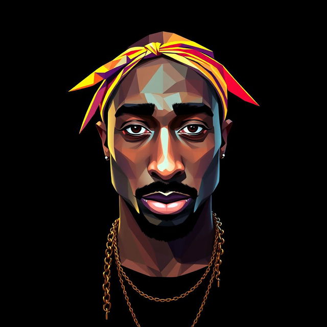 A full-body portrait of a Hip-Hop icon inspired by Tupac Shakur, created in a vivid polygon art style