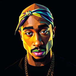 A full-body portrait of a Hip-Hop icon inspired by Tupac Shakur, created in a vivid polygon art style
