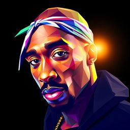 A full-body portrait of a Hip-Hop icon inspired by Tupac Shakur, created in a vivid polygon art style