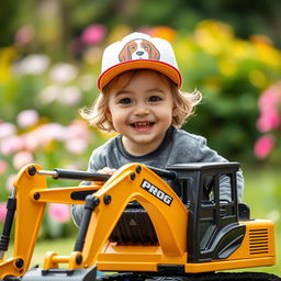 A smiling child wearing a cap featuring a logo of a cocker spaniel's face, joyfully perched on a toy excavator with an eye-catching gold and black color scheme, prominently displaying the word 'PROG'