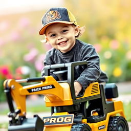 A smiling child wearing a cap featuring a logo of a cocker spaniel's face, joyfully perched on a toy excavator with an eye-catching gold and black color scheme, prominently displaying the word 'PROG'