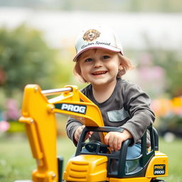 A smiling child wearing a cap featuring a logo of a cocker spaniel's face, joyfully perched on a toy excavator with an eye-catching gold and black color scheme, prominently displaying the word 'PROG'