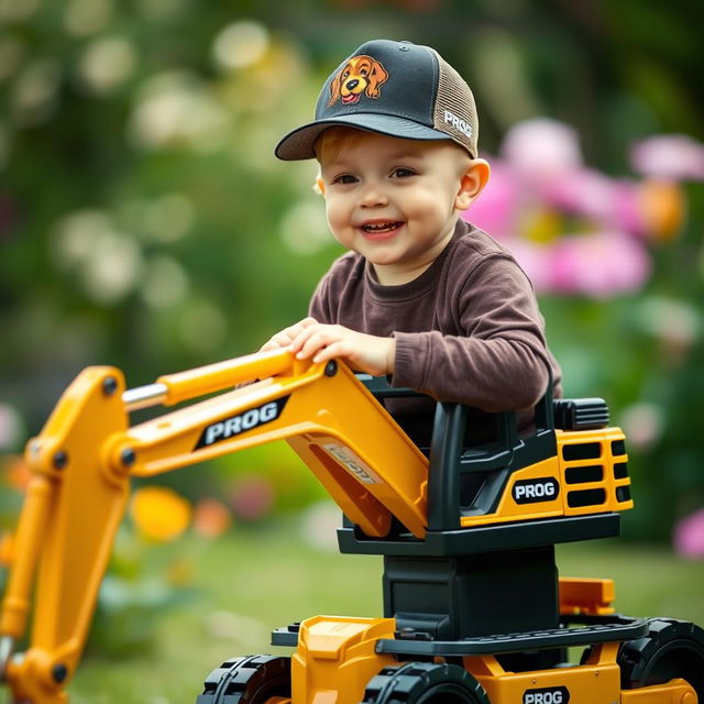 A smiling child wearing a cap featuring a logo of a cocker spaniel's face, joyfully perched on a toy excavator with an eye-catching gold and black color scheme, prominently displaying the word 'PROG'