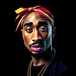 A full-body portrait of a Hip-Hop icon inspired by Tupac Shakur, depicted in an intricate polygon art style