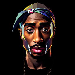 A full-body portrait of a Hip-Hop icon inspired by Tupac Shakur, depicted in an intricate polygon art style
