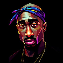 A full-body portrait of a Hip-Hop icon inspired by Tupac Shakur, depicted in an intricate polygon art style