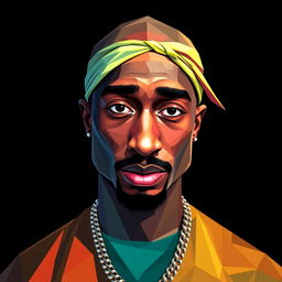 A full-body portrait of a Hip-Hop icon inspired by Tupac Shakur, depicted in an intricate polygon art style