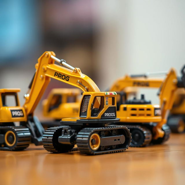 Small toy construction machines in a shiny gold and black color scheme, prominently displaying the word 'PROG', are arranged on a table