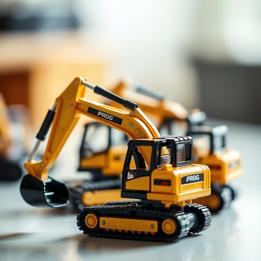 Small toy construction machines in a shiny gold and black color scheme, prominently displaying the word 'PROG', are arranged on a table