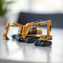 Small toy construction machines in a shiny gold and black color scheme, prominently displaying the word 'PROG', are arranged on a table