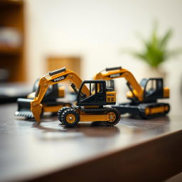 Small toy construction machines in a shiny gold and black color scheme, prominently displaying the word 'PROG', are arranged on a table