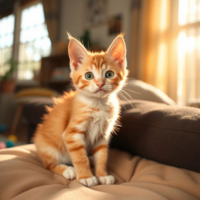 A cute, short-haired kitty sitting playfully on a soft cushion, with bright green eyes and a playful expression, fur is a mix of orange and white, in a cozy living room setting with a warm sunlight streaming through the window, some colorful toys scattered around, creating a cheerful atmosphere