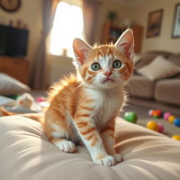 A cute, short-haired kitty sitting playfully on a soft cushion, with bright green eyes and a playful expression, fur is a mix of orange and white, in a cozy living room setting with a warm sunlight streaming through the window, some colorful toys scattered around, creating a cheerful atmosphere