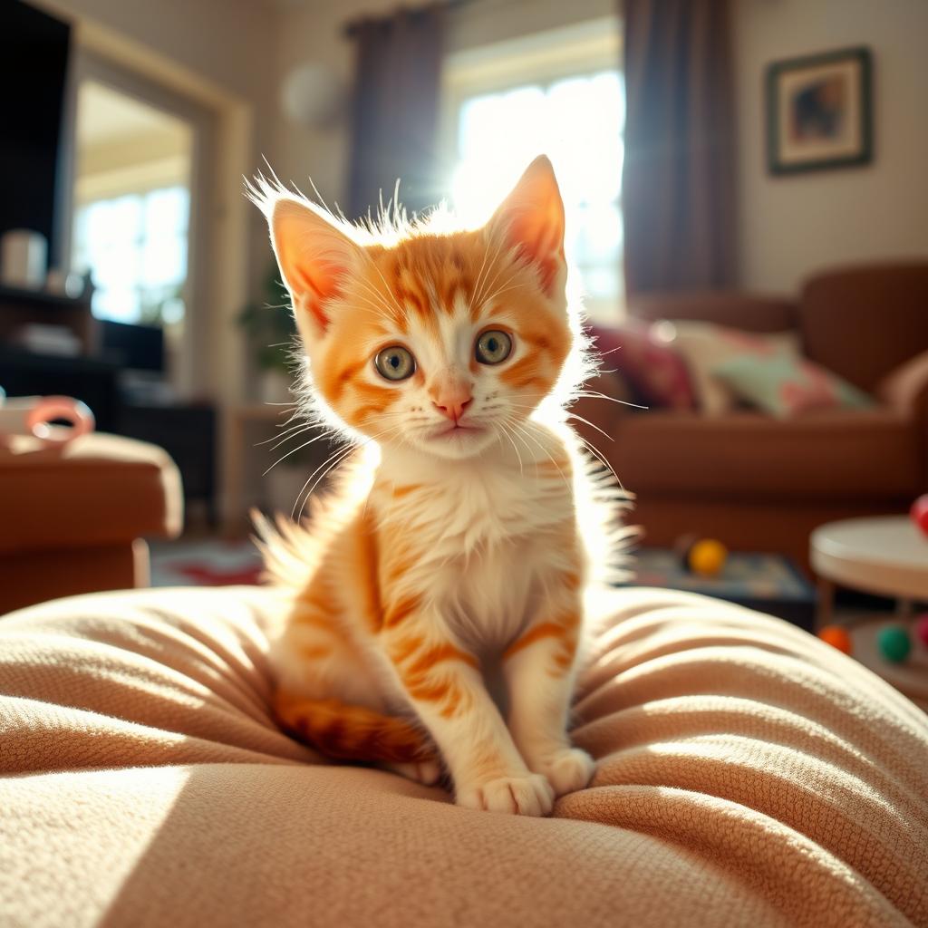 A cute, short-haired kitty sitting playfully on a soft cushion, with bright green eyes and a playful expression, fur is a mix of orange and white, in a cozy living room setting with a warm sunlight streaming through the window, some colorful toys scattered around, creating a cheerful atmosphere