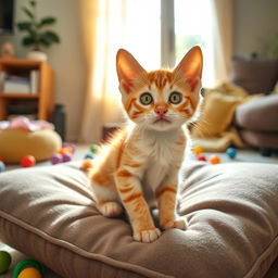 A cute, short-haired kitty sitting playfully on a soft cushion, with bright green eyes and a playful expression, fur is a mix of orange and white, in a cozy living room setting with a warm sunlight streaming through the window, some colorful toys scattered around, creating a cheerful atmosphere
