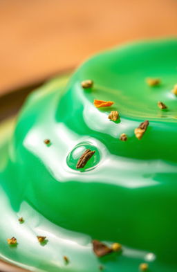 A close-up view of a semi-solid gelatinous substance, vibrant in color, with a smooth and glossy texture