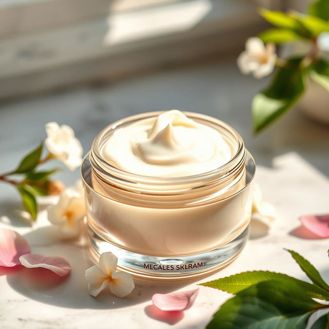 An artistic representation of a creamy, smooth skincare cream in a sleek glass jar