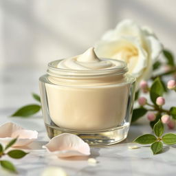An artistic representation of a creamy, smooth skincare cream in a sleek glass jar