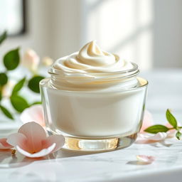 An artistic representation of a creamy, smooth skincare cream in a sleek glass jar