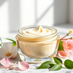 An artistic representation of a creamy, smooth skincare cream in a sleek glass jar