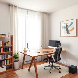 A stylish modern office room featuring a sleek wooden desk with a comfortable ergonomic chair, a large window with sheer curtains allowing natural light to flood the room, a bookshelf neatly arranged with colorful books and decorative items, a potted plant adding a touch of greenery, and a high-tech computer setup