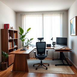 A stylish modern office room featuring a sleek wooden desk with a comfortable ergonomic chair, a large window with sheer curtains allowing natural light to flood the room, a bookshelf neatly arranged with colorful books and decorative items, a potted plant adding a touch of greenery, and a high-tech computer setup