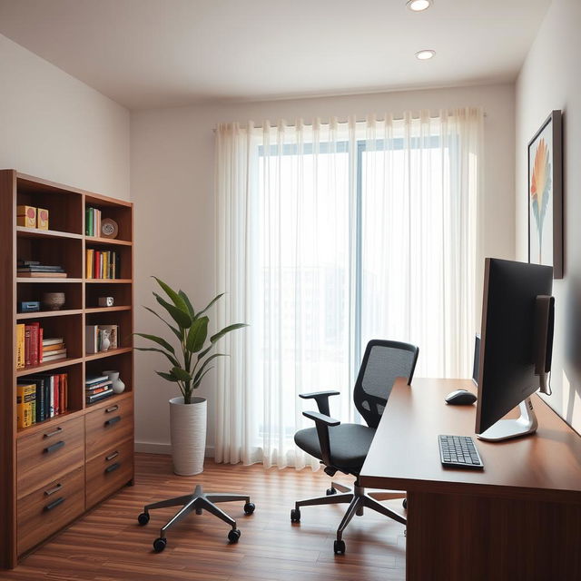 A stylish modern office room featuring a sleek wooden desk with a comfortable ergonomic chair, a large window with sheer curtains allowing natural light to flood the room, a bookshelf neatly arranged with colorful books and decorative items, a potted plant adding a touch of greenery, and a high-tech computer setup