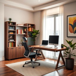 A stylish modern office room featuring a sleek wooden desk with a comfortable ergonomic chair, a large window with sheer curtains allowing natural light to flood the room, a bookshelf neatly arranged with colorful books and decorative items, a potted plant adding a touch of greenery, and a high-tech computer setup