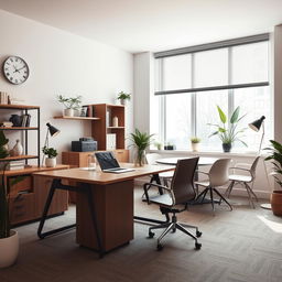 A modern office room filled with stylish furniture
