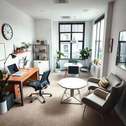 A modern office room filled with stylish furniture