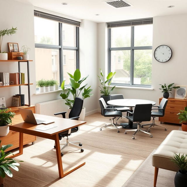 A modern office room filled with stylish furniture