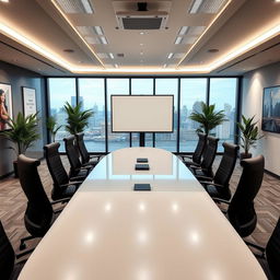 A modern, stylish conference room equipped with a large oval table surrounded by comfortable ergonomic chairs
