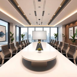 A modern, stylish conference room equipped with a large oval table surrounded by comfortable ergonomic chairs