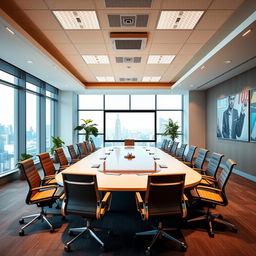 A modern, stylish conference room equipped with a large oval table surrounded by comfortable ergonomic chairs