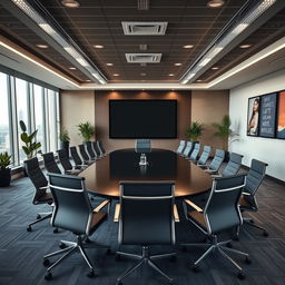 A modern, stylish conference room equipped with a large oval table surrounded by comfortable ergonomic chairs